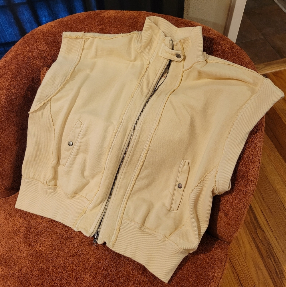 Free People Cream Cotton Zip Front Vest